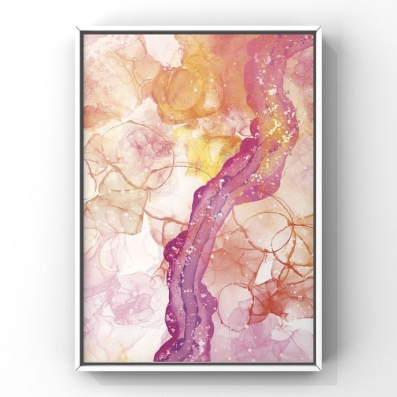 Abstract Alcohol Ink Pink, Yellow Gold Mermaid Painting Art Print Home decor - Picture 1 of 3
